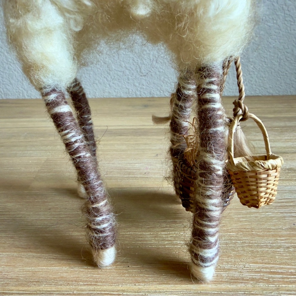 Handmade Wool Felt Llama Alpaca Figurine Folk Art Miniature w Basket 10in - Picture 12 of 15